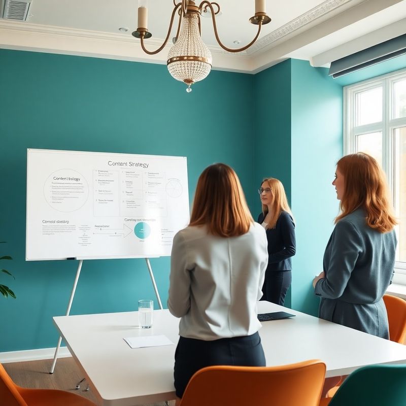 Tým Malý Kancelář na poradě u whiteboardu s obsahovou strategií