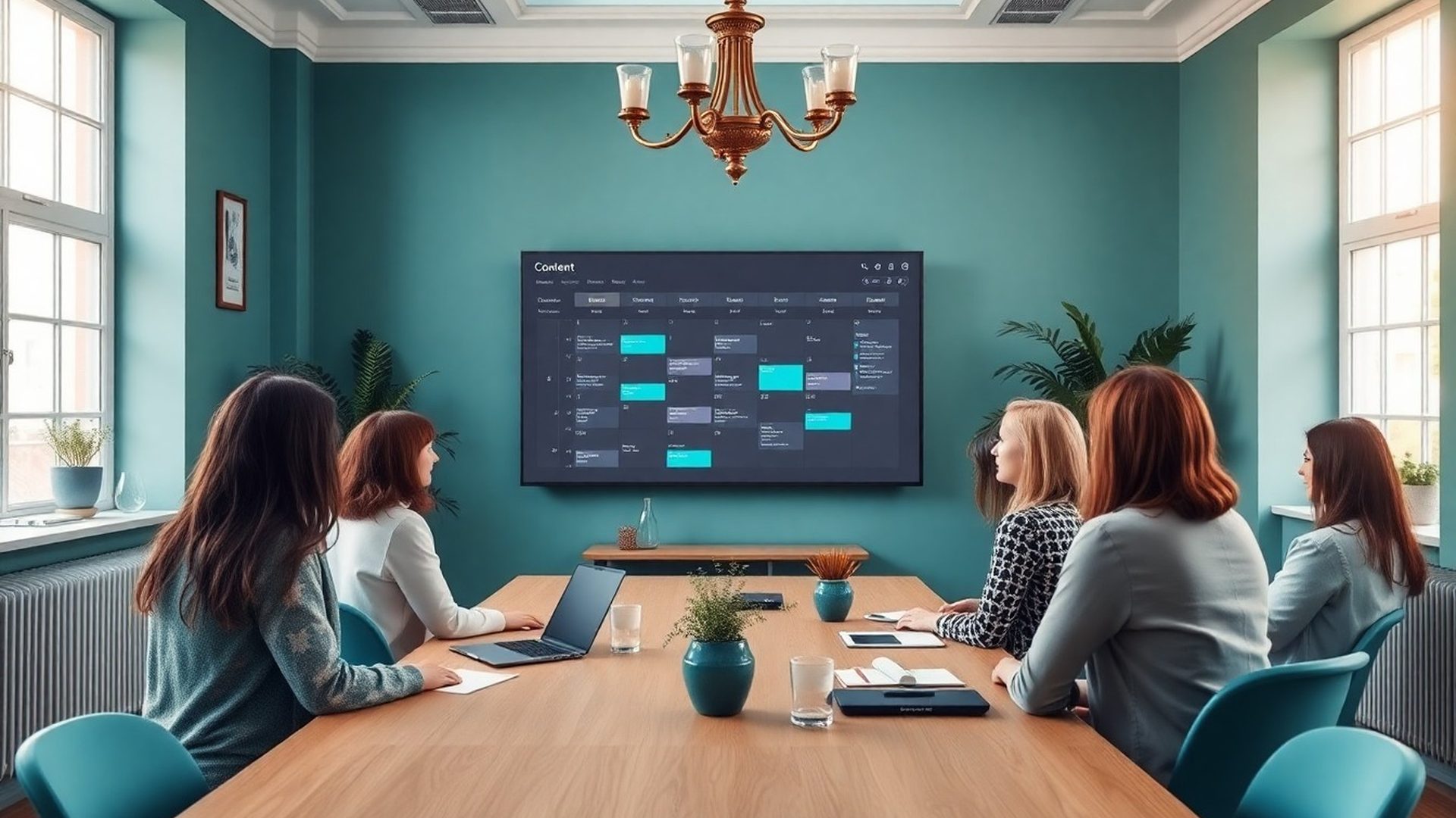 Tým Malý Kancelář kolem sdíleného obsahového dashboardu v Plzni